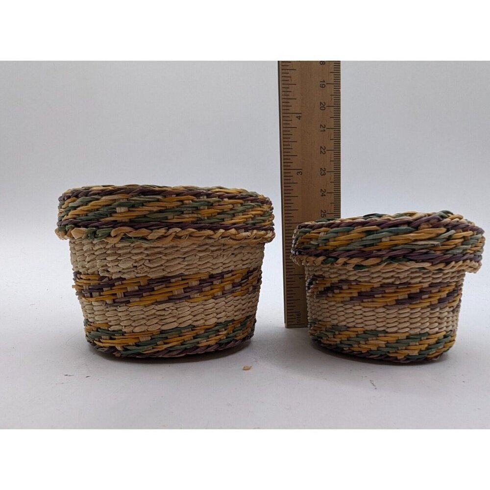 Hand Woven Basket w Lid - Wicker Ethnic Grass Straw Boho Tiny - Green Yellow - Picture 4 of 12